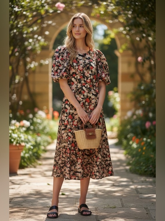 Ted Baker Dresses & Skirts - Ted Baker Black Floral Puff-Sleeve Midi Dress with Blush Accents size 2(us6)